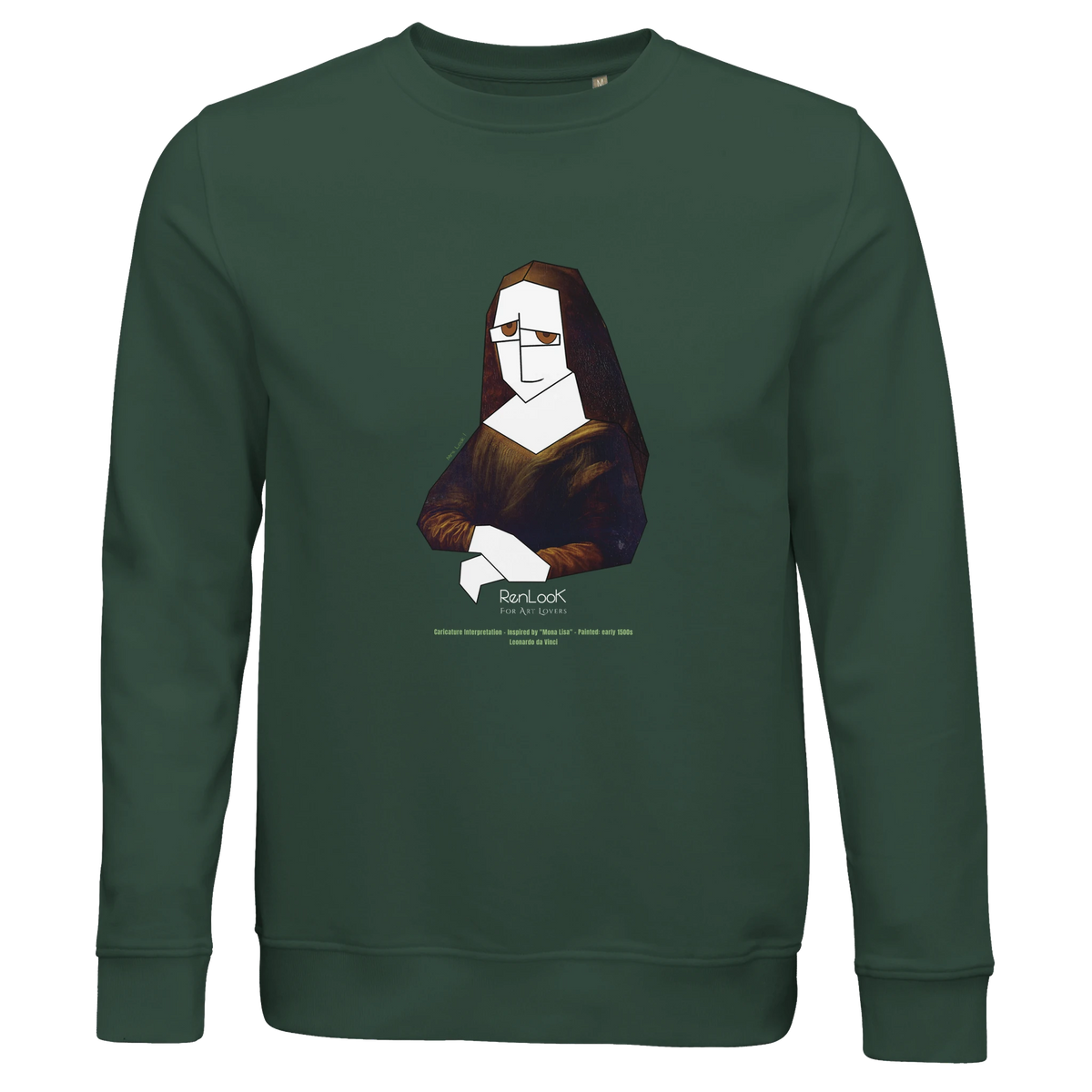 Unisex bottle green sweatshirt with Mona Lisa portrait graphic print at chest