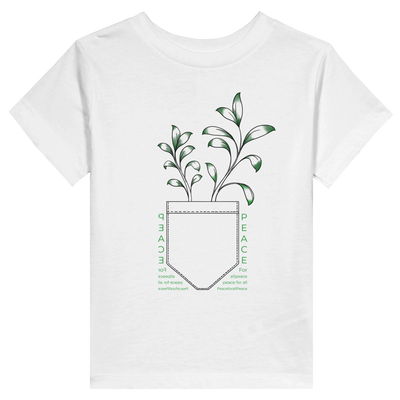 White toddler t-shirt with green tree and peace heart graphic