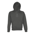 Grey oversized women's hoodie with hood, front pocket, and feminist emblem chest print