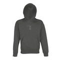 Grey melange unisex oversized hoodie with hood and small chest graphic, front kangaroo pocket