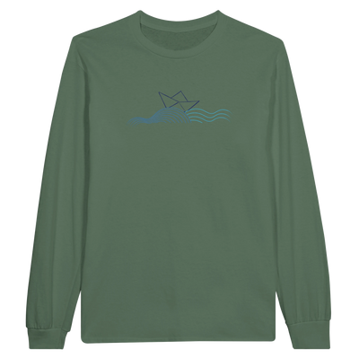 Green long-sleeve T-shirt with boat and waves graphic on chest