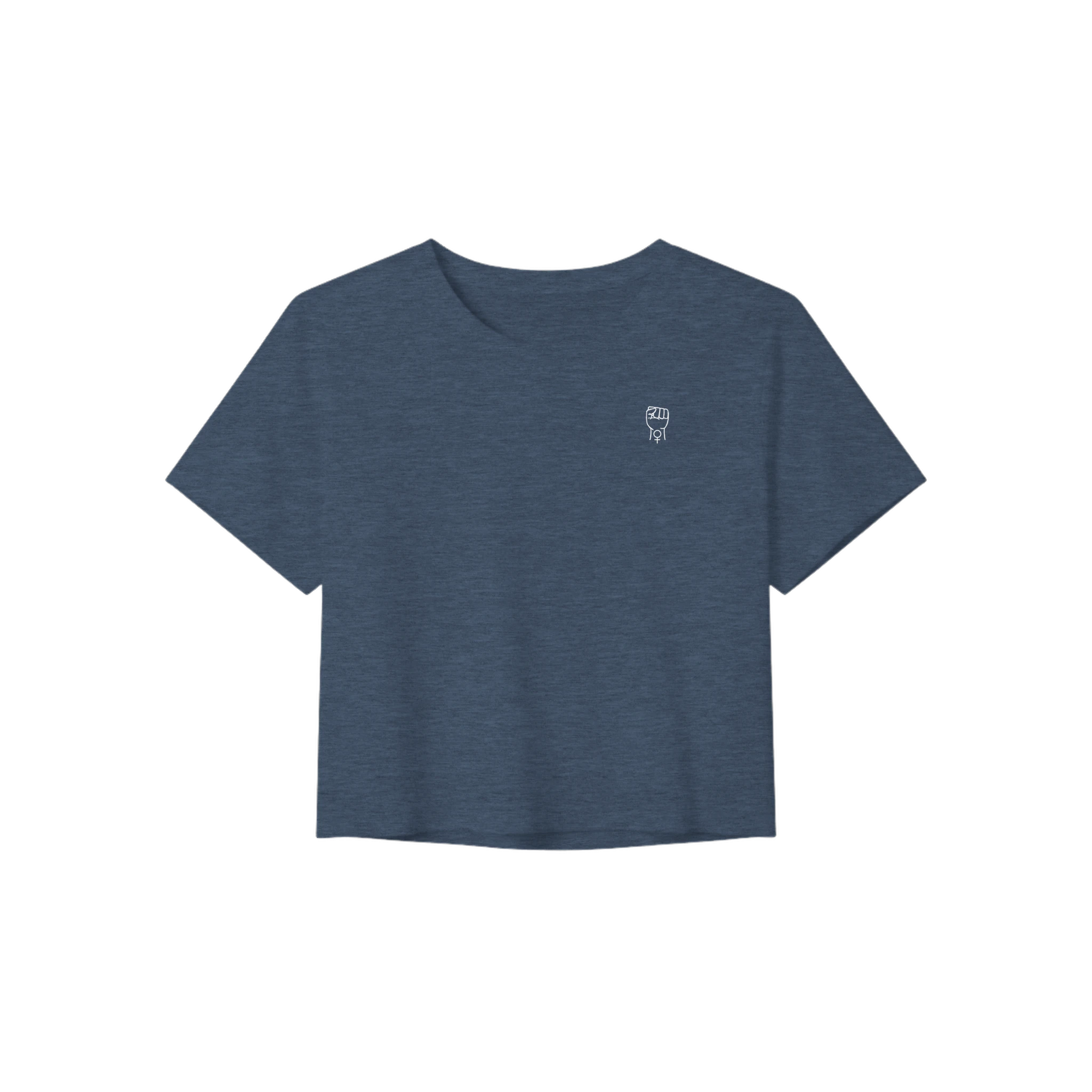 Heather navy crop tee with short sleeves and crew neckline, small chest graphic.