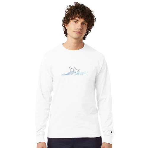 Men's boat-neck long-sleeve shirt, white, with blue chest boat graphic