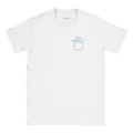 White unisex T-shirt with small boat-in-box graphic on chest