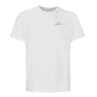 White unisex T-shirt with small light-blue boat logo on the chest
