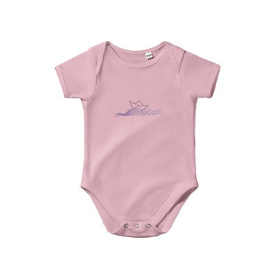 Pink short-sleeve baby bodysuit with blue ocean boat graphic and snap closure
