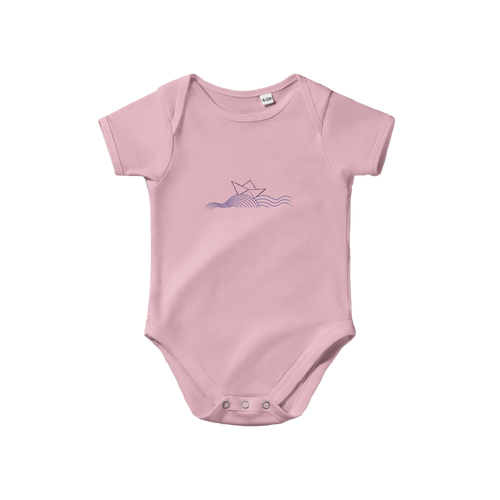 Pink short-sleeve baby bodysuit with blue ocean boat graphic and snap closure