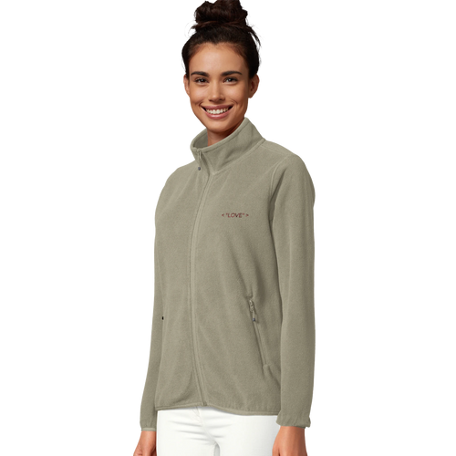 Microfleece full-zip jacket in light sage with stand collar, side pockets, and <LOVE> logo