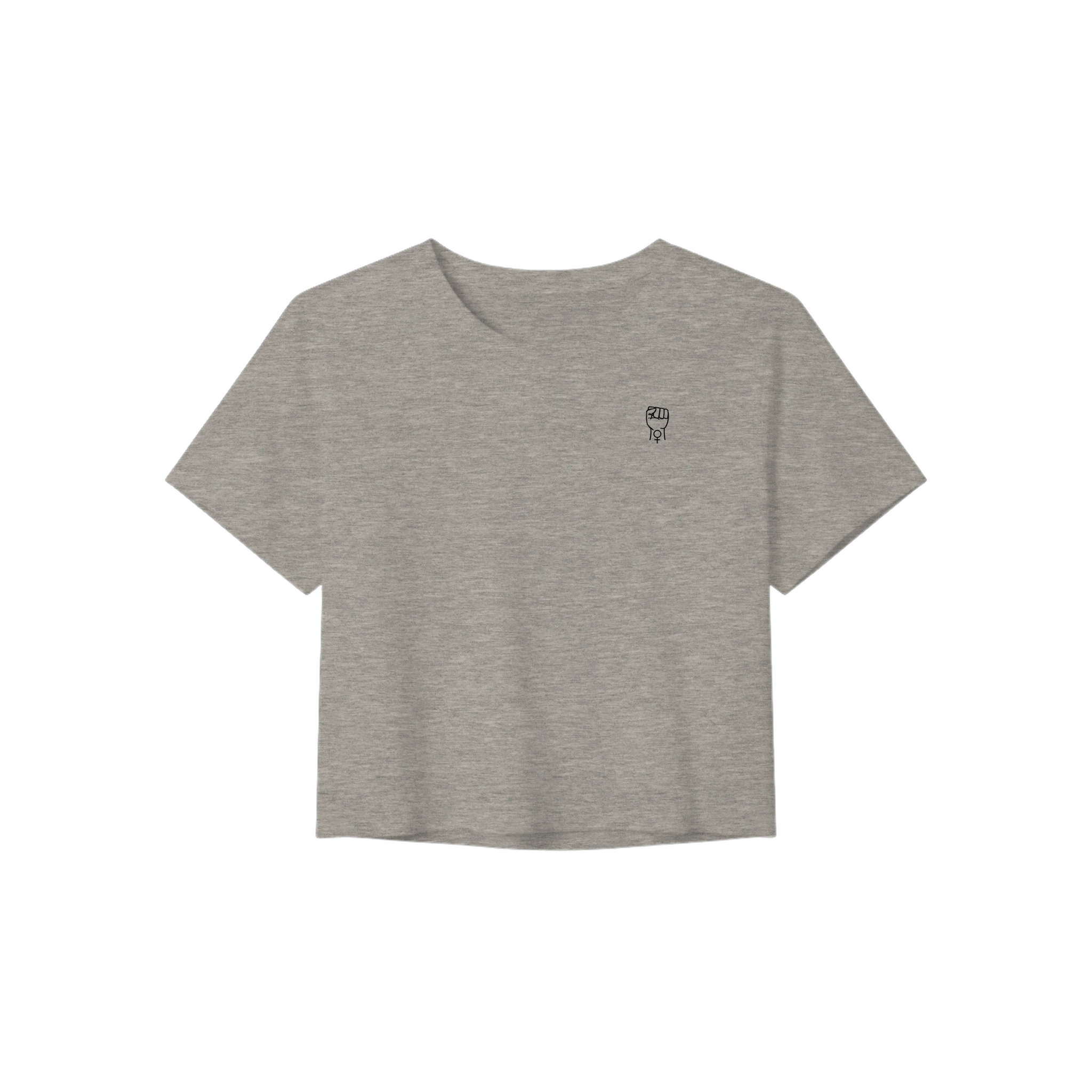 Light gray heather crop tee with short sleeves and crew neckline, small chest graphic.