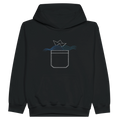 Youth hoodie in black with kangaroo pocket and blue chest lighthouse pocket graphic