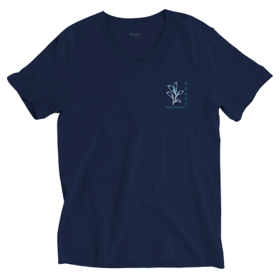 Dark blue unisex V-neck T-shirt with Peace for All logo on left chest