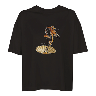 Black oversized women's organic T-shirt with front Venus-style graphic, crew neck