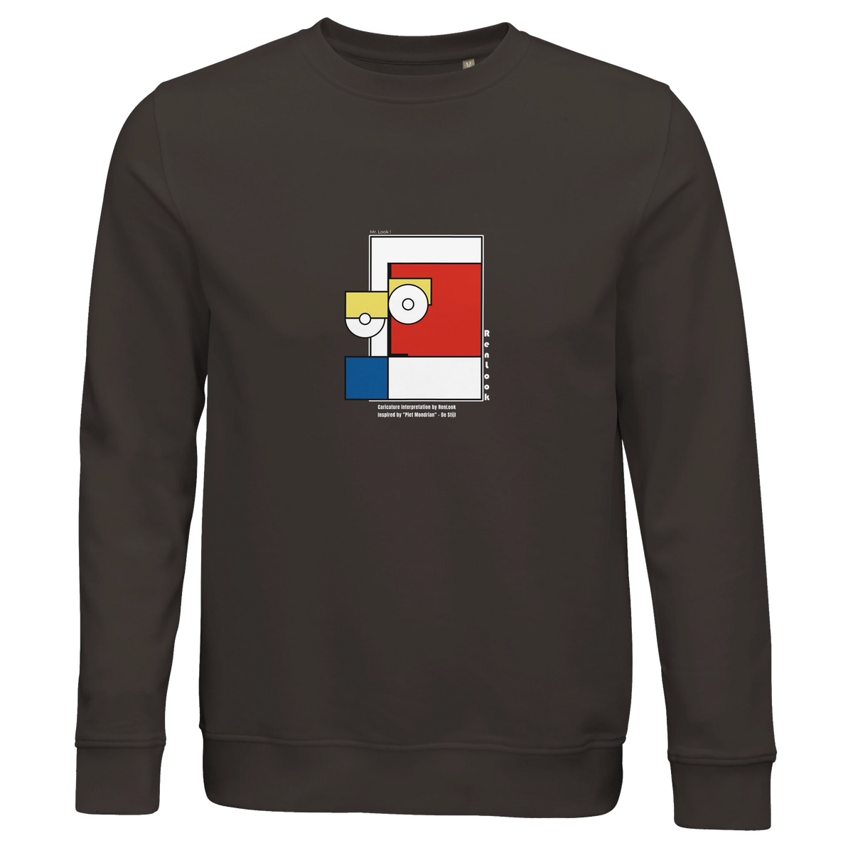 Unisex deep charcoal gray sweatshirt with Piet Mondrian style square graphic on chest