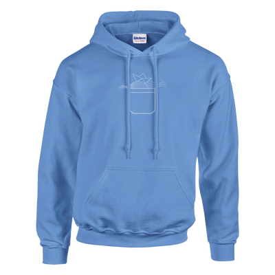 Light blue pullover hoodie with hood, drawstrings, front pocket, and bucket graphic print.