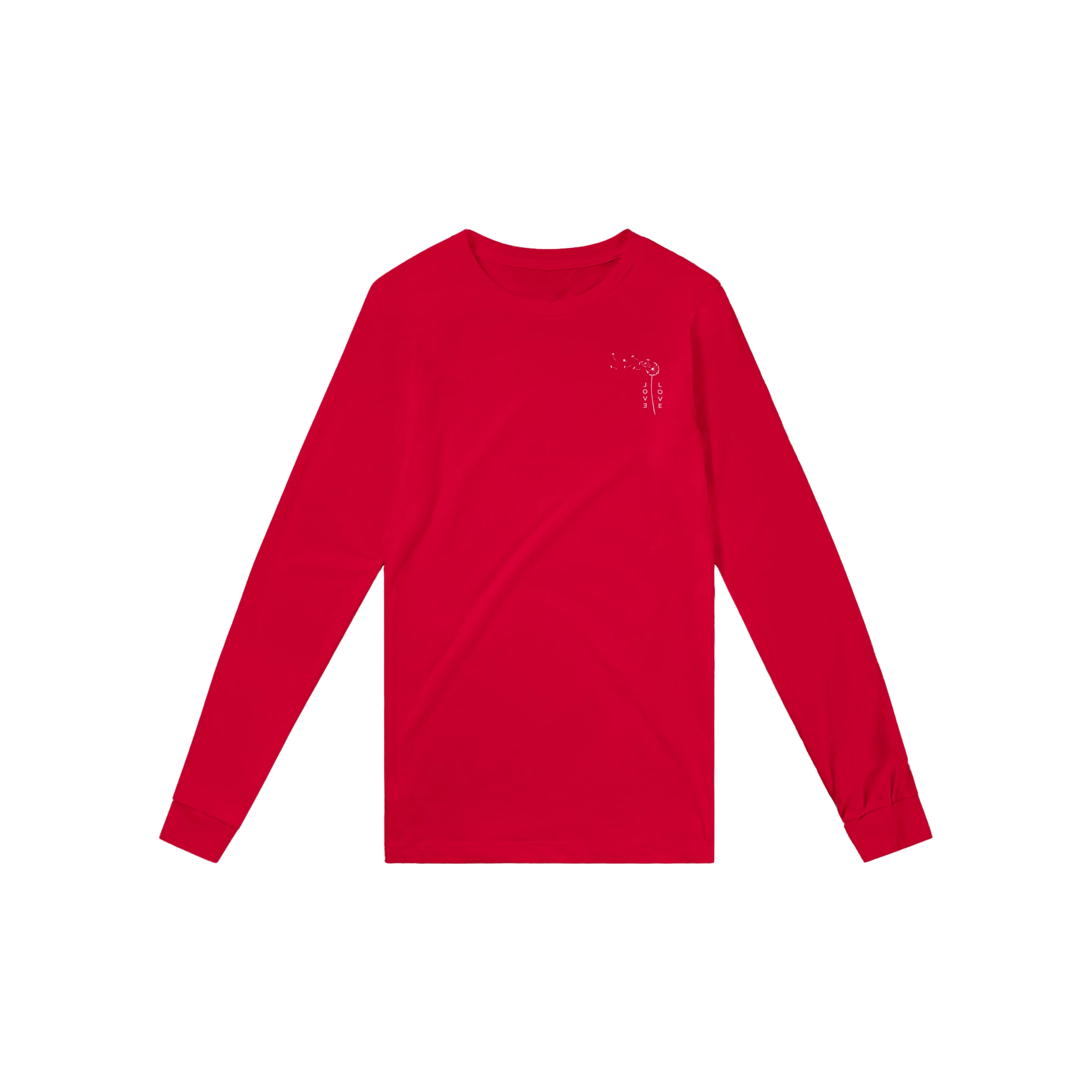 Red unisex long-sleeve T-shirt with small chest graphic.
