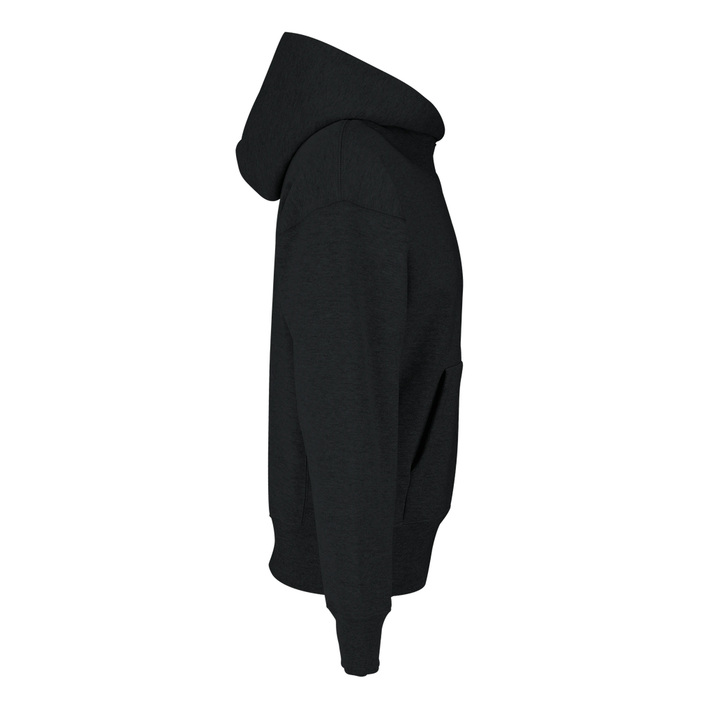 Black oversized pullover hoodie side profile with hood and long sleeves