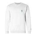 White crewneck sweatshirt with long sleeves and small chest logo print.