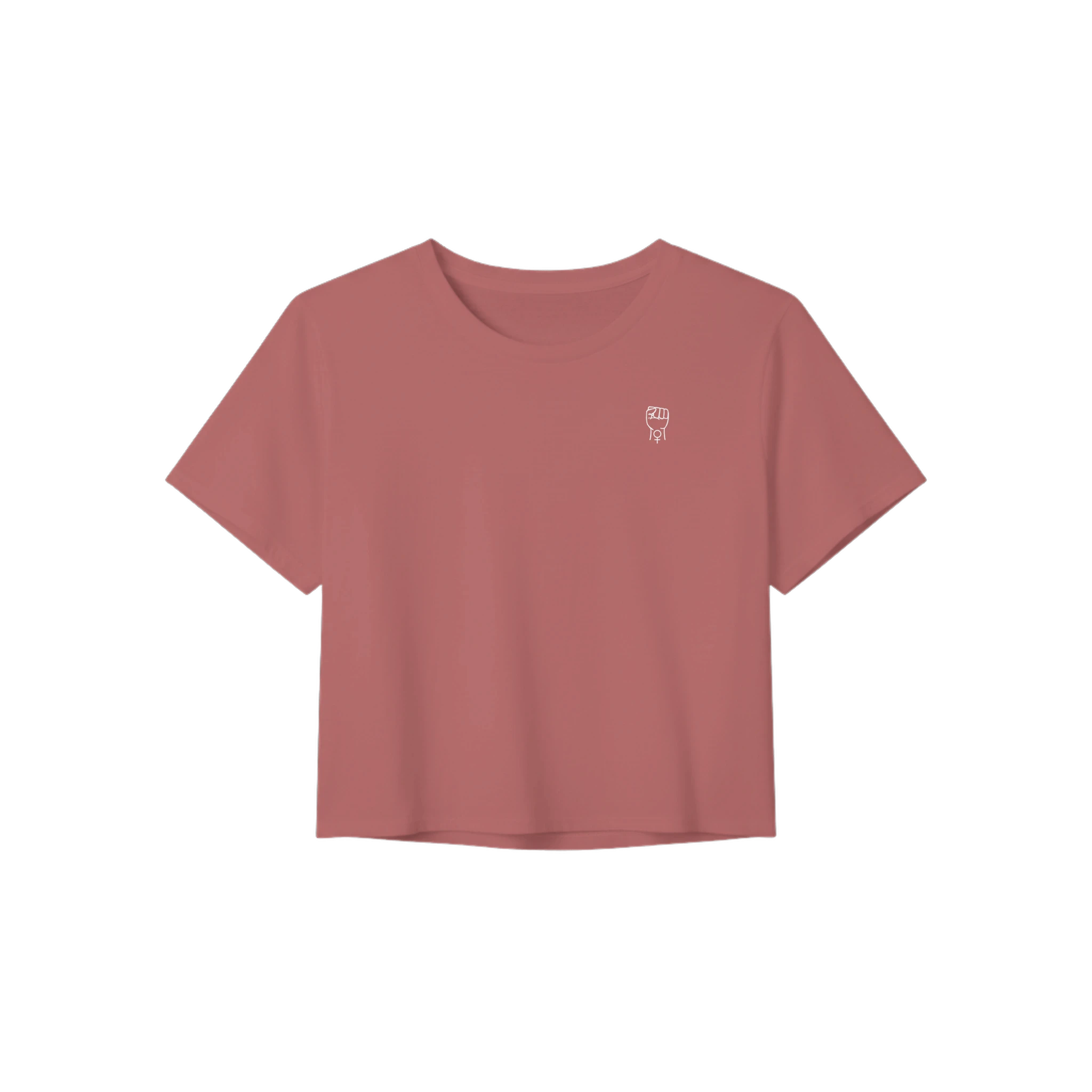 Dusty rose crop tee with short sleeves and crew neckline, small chest graphic.