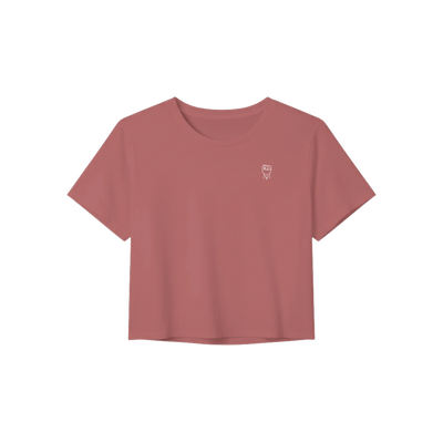 Dusty rose crop tee with short sleeves and crew neckline, small chest graphic.