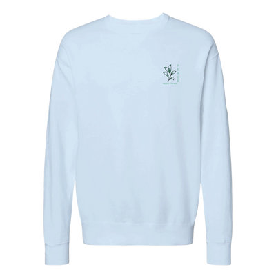 Light blue crewneck sweatshirt with long sleeves and small chest logo print.