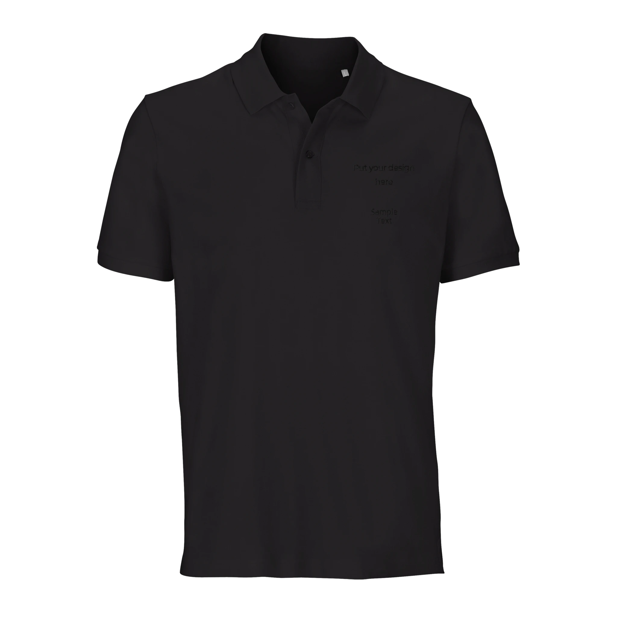 Black unisex organic polo shirt with collar, button placket, and custom design text