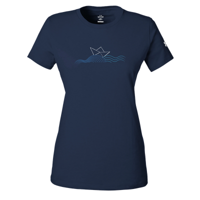 Women's athletic crewneck T-shirt in dark navy with chest wave-and-sail graphic