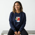 Navy unisex sweatshirt with Piet Mondrian-style geometric logo print