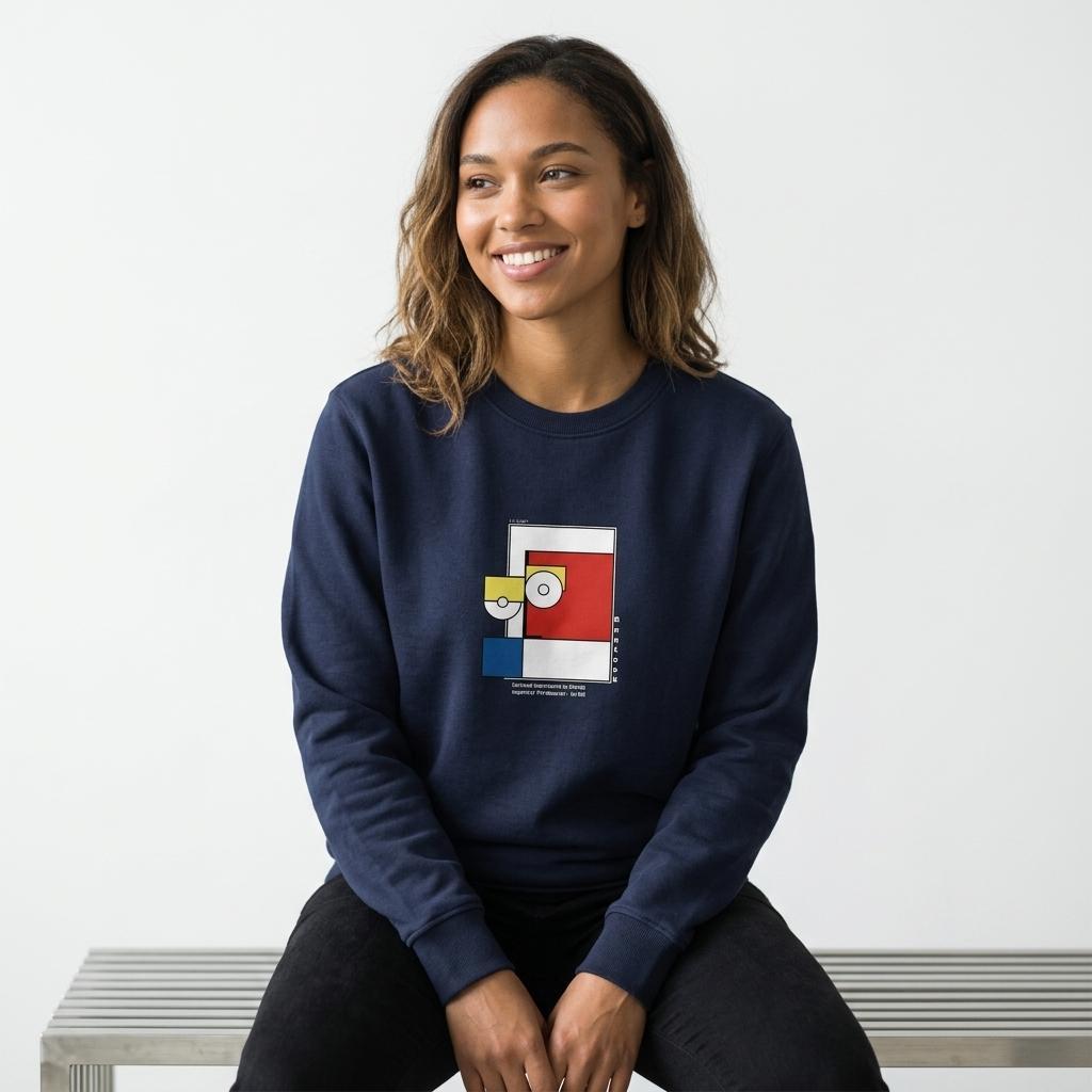 Navy unisex sweatshirt with Piet Mondrian-style geometric logo print