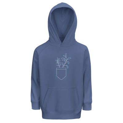 Kids organic blue hoodie with hood and plant peace graphic on back