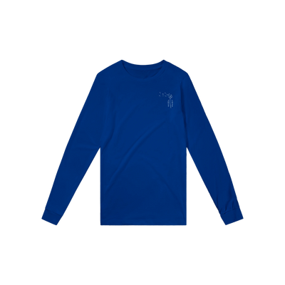 Royal blue unisex long-sleeve T-shirt with small chest graphic.