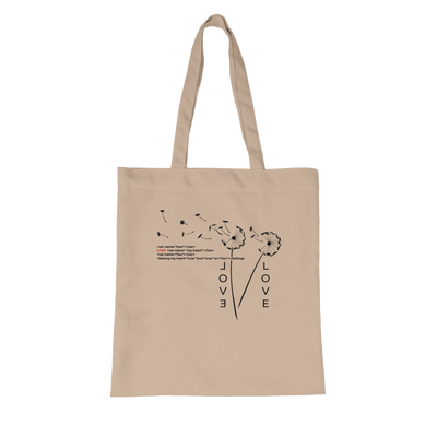 Organic tote bag, beige, with LOVE floral graphic and long top handles
