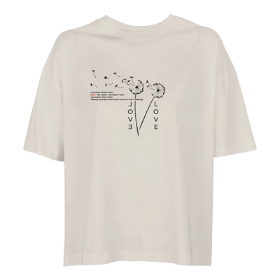 Organic oversized T-shirt in off-white, back view with dandelion and LOVE graphic, short sleeves