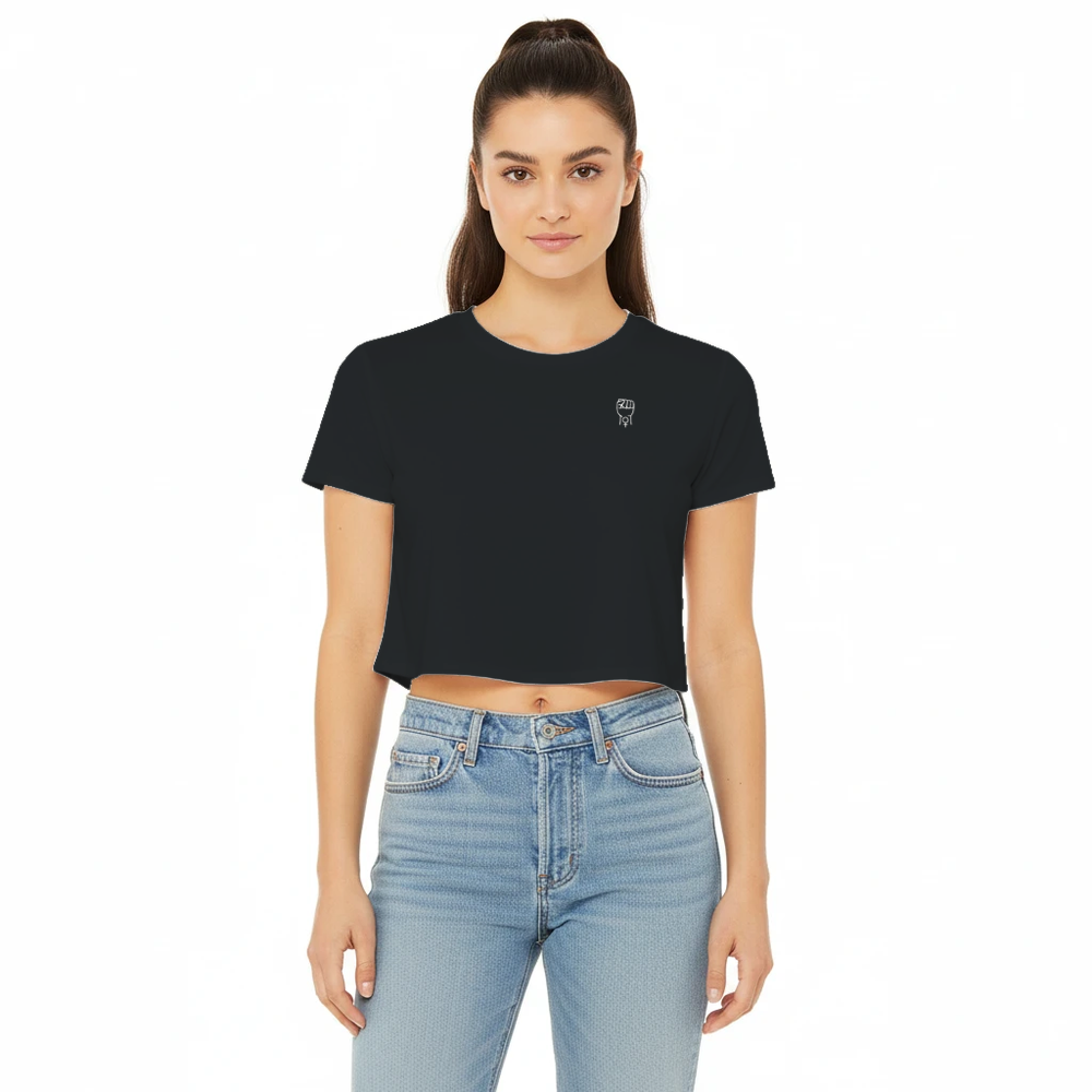 Women’s crop tee with small chest logo, short sleeves, dark color