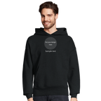 Black oversized pullover hoodie with hood, front pouch pocket, and chest print placeholder