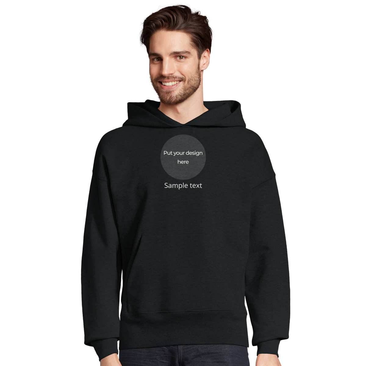 Black oversized pullover hoodie with hood, front pouch pocket, and chest print placeholder