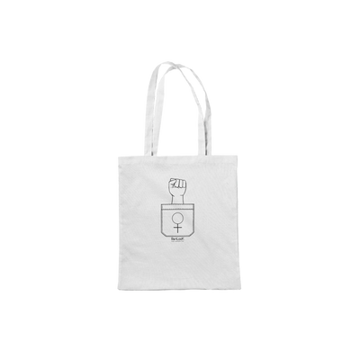 White canvas tote bag with handles and fist-and-circle graphic emblem on front
