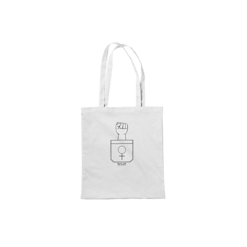 White canvas tote bag with handles and fist-and-circle graphic emblem on front