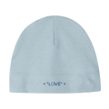 Baby beanie hat in light blue knit with “LOVE” text at the front hem.