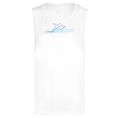 White women's tank top with nautical sailboat and wave graphic on front