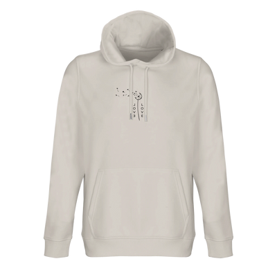 Unisex white hoodie with front pocket and hood, small Love graphic on chest