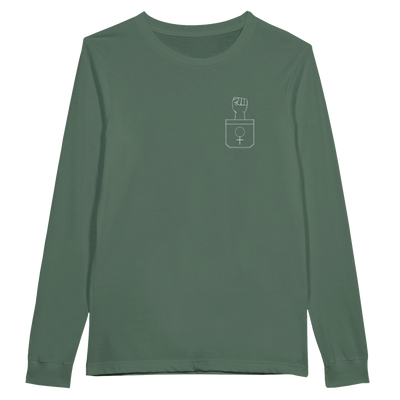 Unisex long-sleeve T-shirt in dark green with small chest line-art graphic