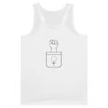 White women’s performance tank top with scoop neck and fist + female symbol graphic