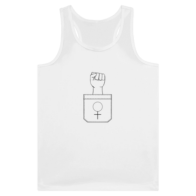 White women’s performance tank top with scoop neck and fist + female symbol graphic