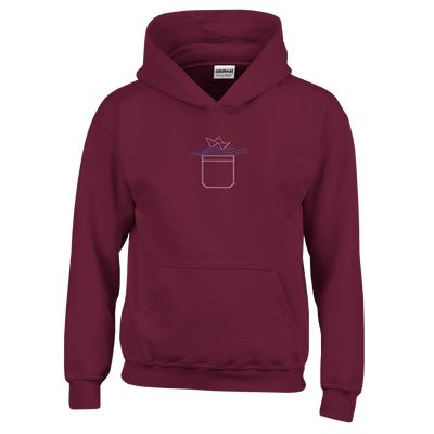 Kids maroon pullover hoodie with chest graphic, hood, and front pocket.