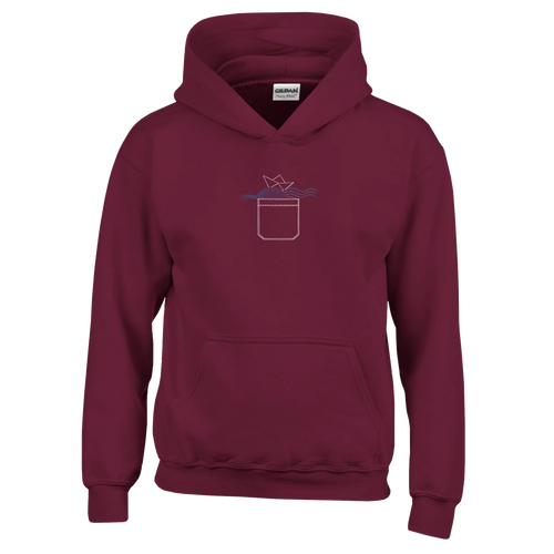 Kids maroon pullover hoodie with chest graphic, hood, and front pocket.