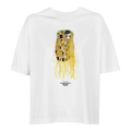 White oversized T-shirt with gold portrait graphic at center back, crew neck
