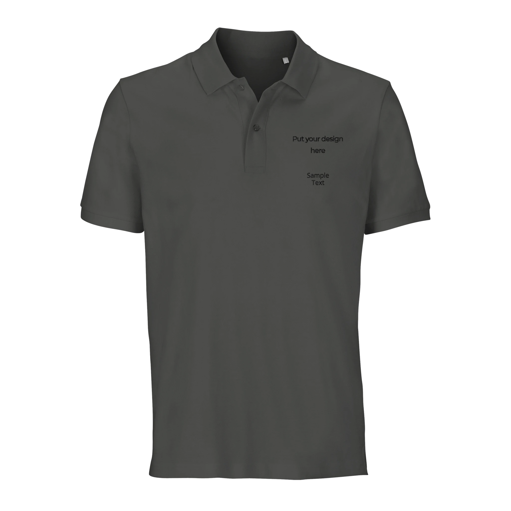 Grey unisex organic polo shirt with collar, button placket, and custom design text