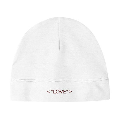 Baby beanie hat in white knit with “LOVE” text at the front hem.