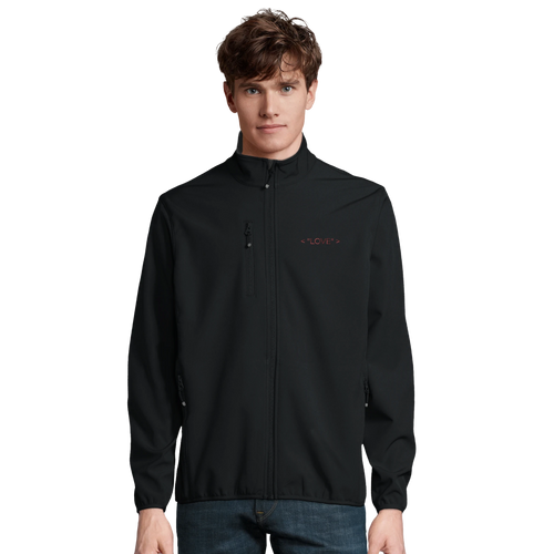 Men's charcoal softshell jacket with full-zip stand collar and side zipper pockets