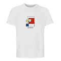 Unisex white T-shirt with centered Piet Mondrian graphic, crew neck, short sleeves